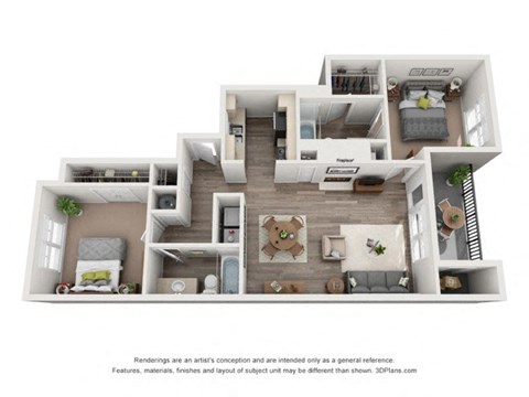 Floor plan for 2 beds, 2 baths, 1072 sqft